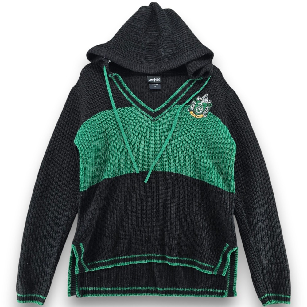 Harry Potter Slytherin Hoodie Sweater Womens Medium Black Green Knit Crest Logo